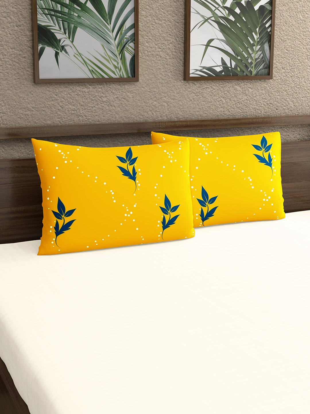 Home Ecstasy Yellow & Blue 2 Pieces Printed 140 TC Pure Cotton Pillow Covers