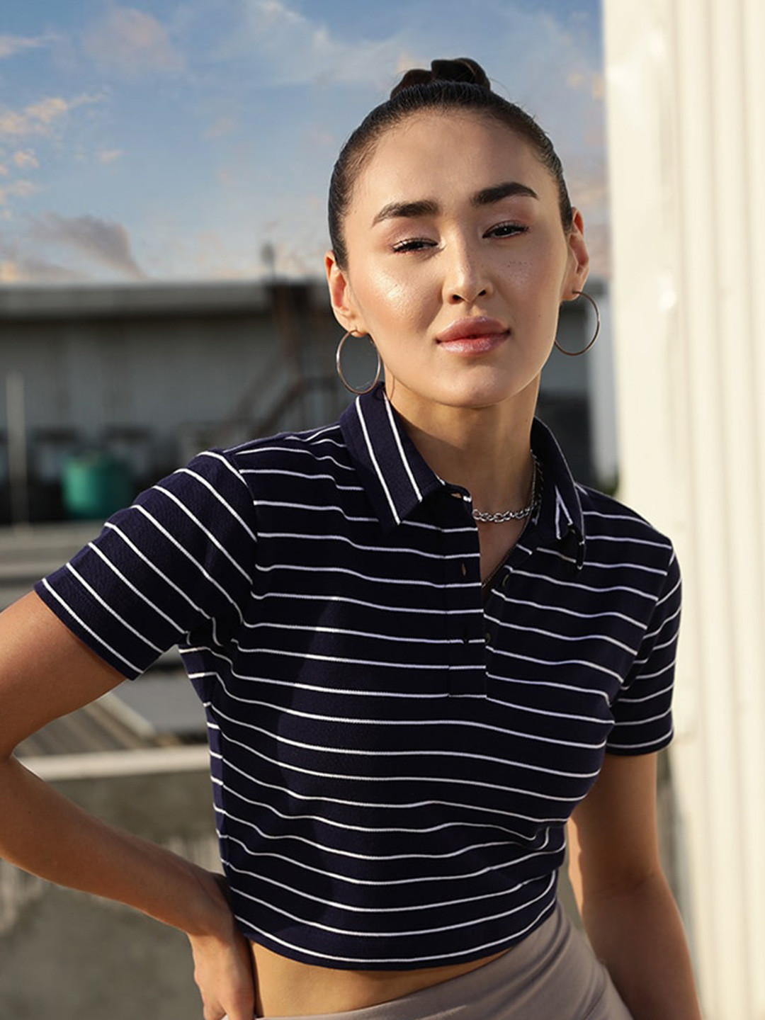 STREET 9 Navy Blue Polo Collar Striped Cotton Crop T-shirt