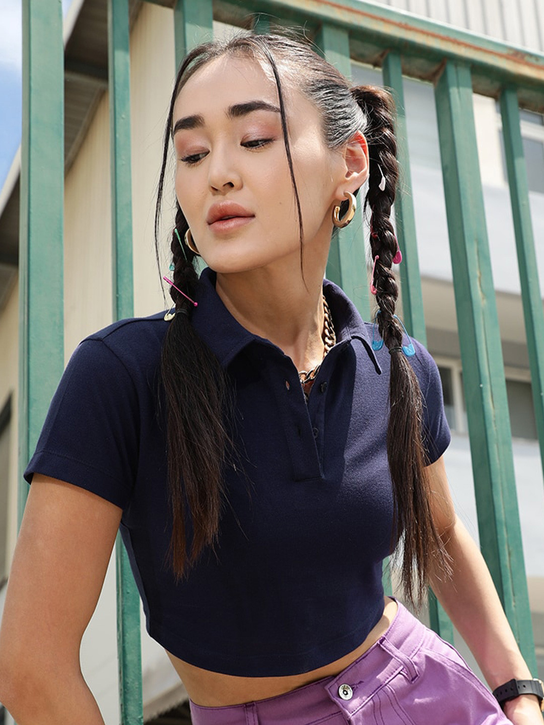STREET 9 BASICS Navy Blue Polo Collar Pure Cotton Crop T-shirt