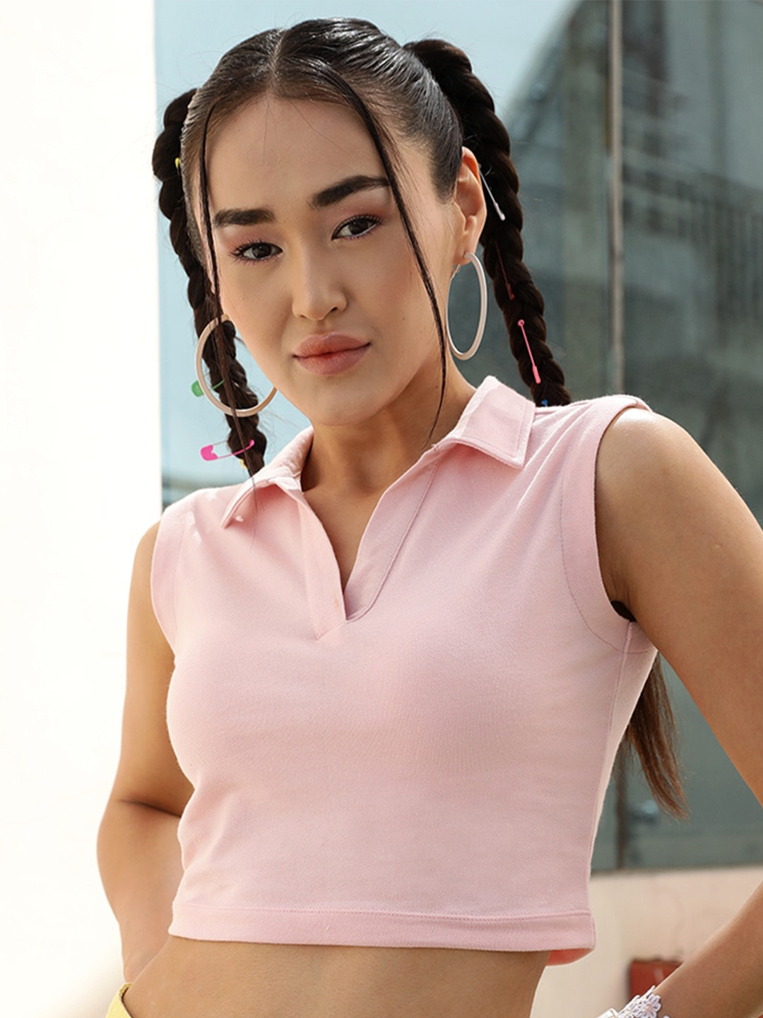 STREET 9 BASICS Pink Polo Collar Sleeveless Cotton Crop T-shirt