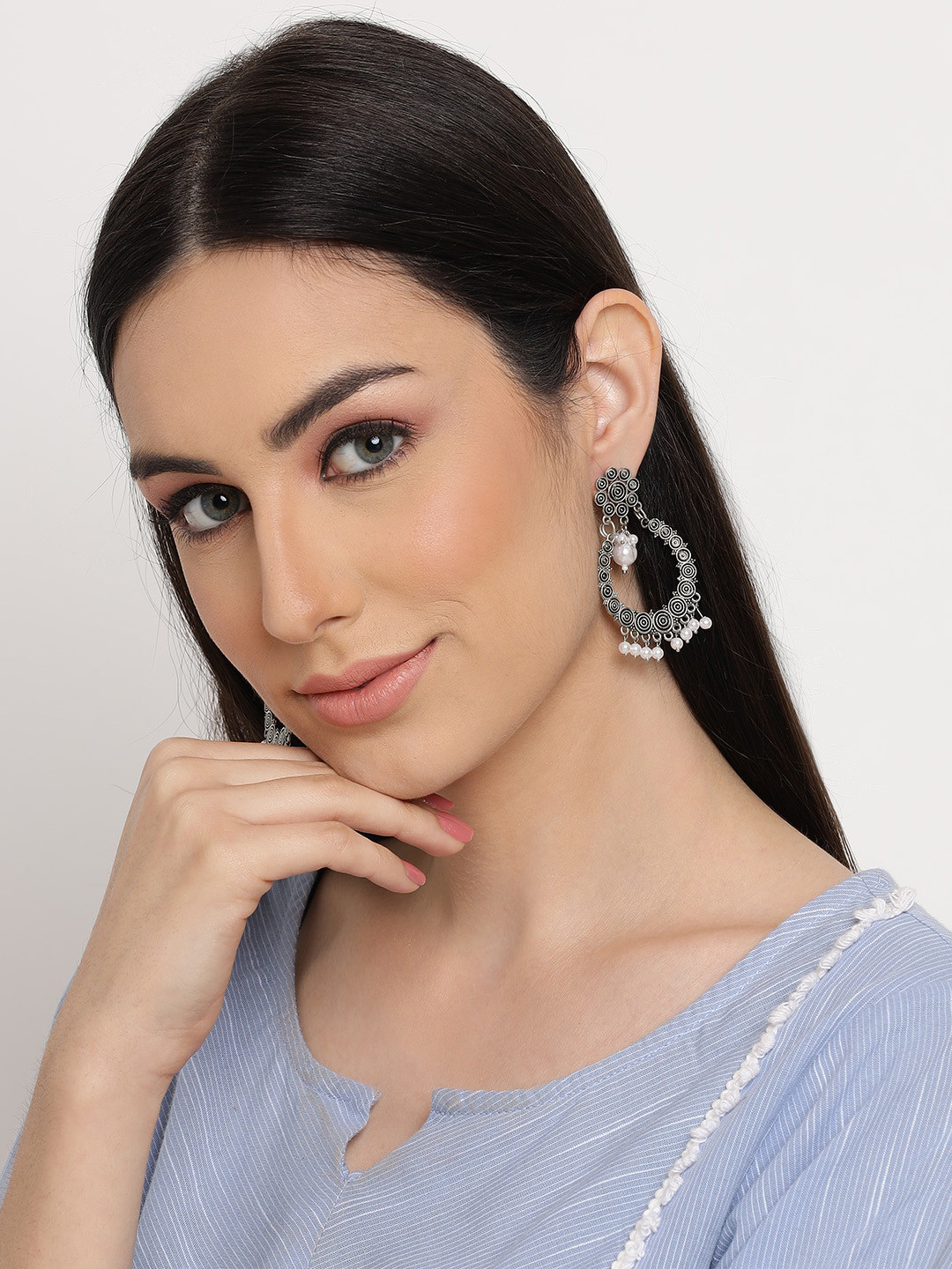 Sangria Set Of 2 Silver-Plated Stone-Studded & Beaded Oxidized Chandbali Earrings