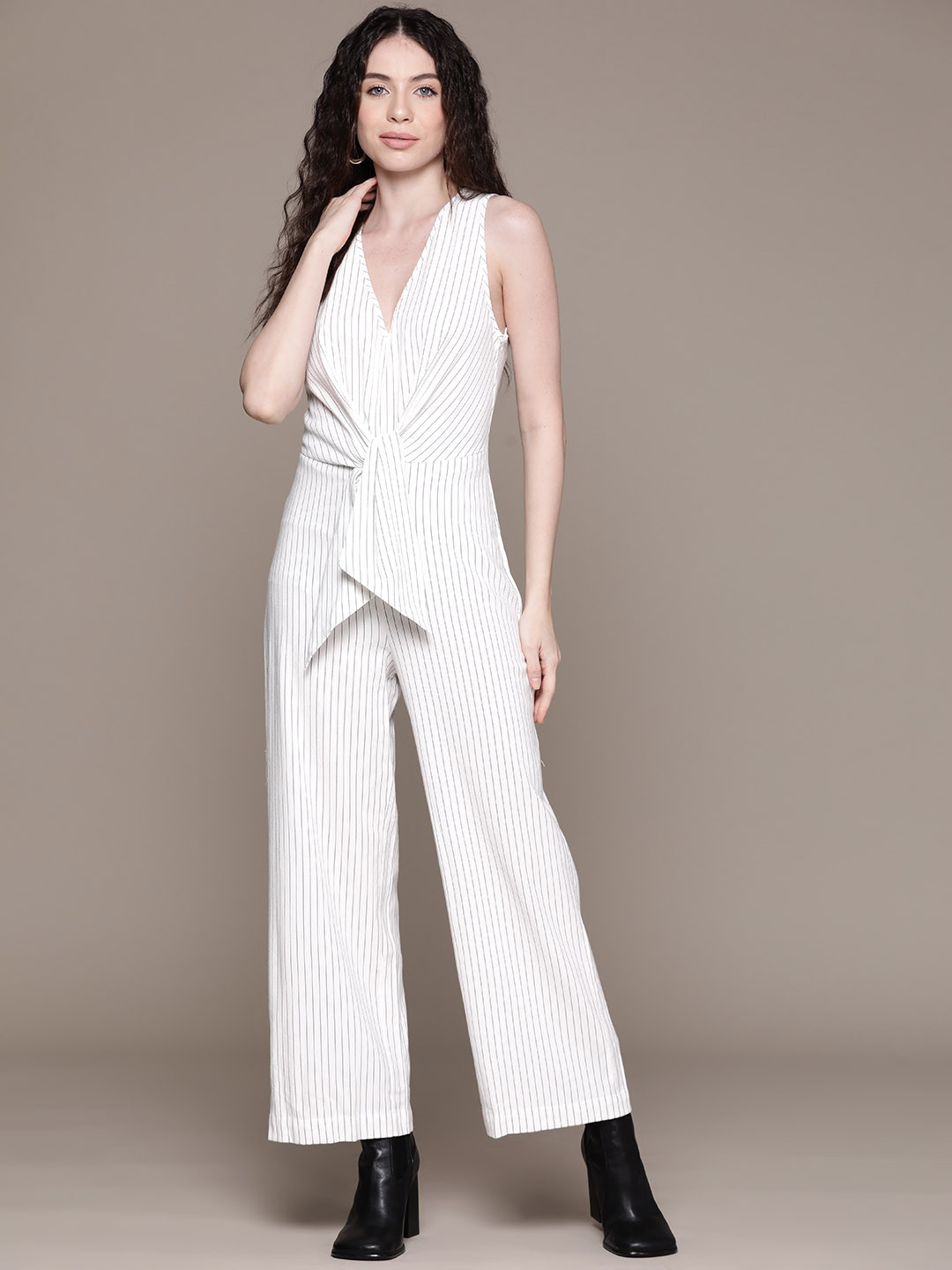 MANGO Striped Tie-Up Basic Jumpsuit