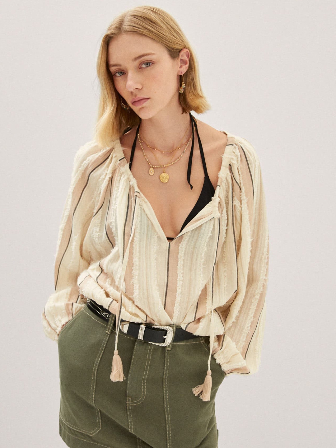 MANGO Striped Tie Up Neck Top - Tops for Women 22833958 | Myntra