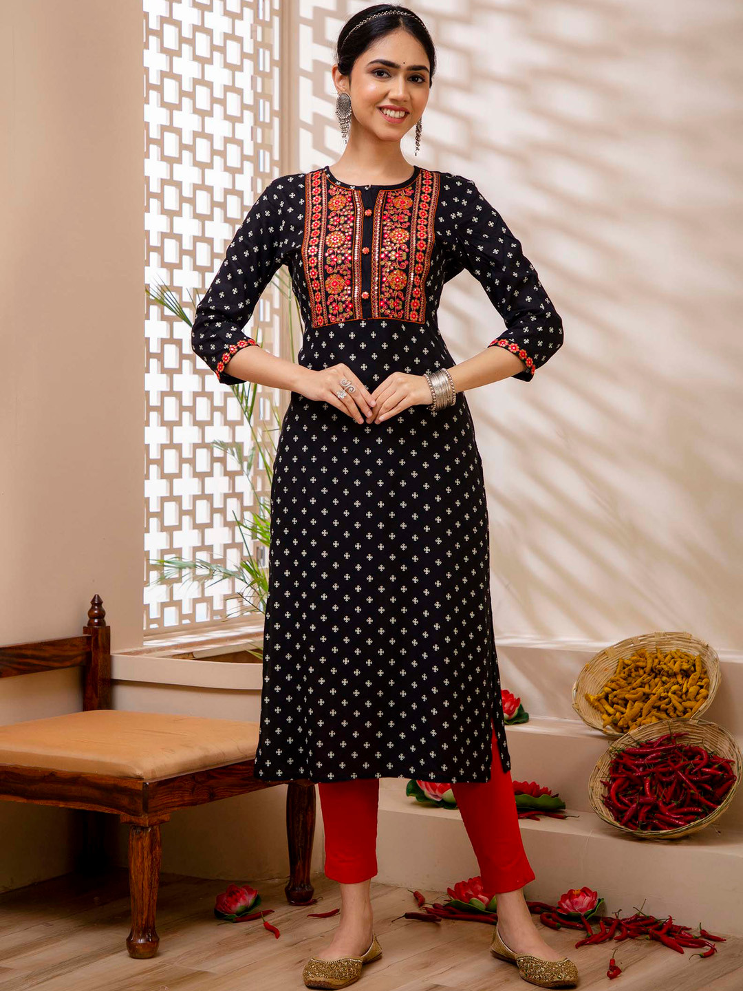 FASHION DEPTH Floral Embroidered Mirror Work Straight Kurta