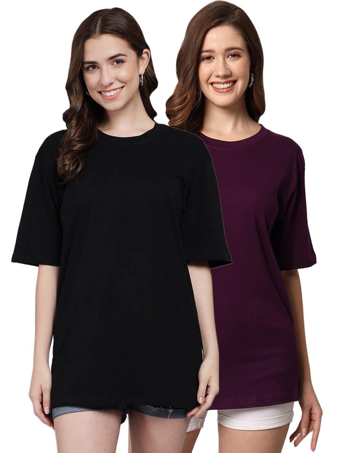 Funday Fashion Pack Of 2 Round Neck Drop-Shoulder Sleeves Oversized Cotton T-Shirt