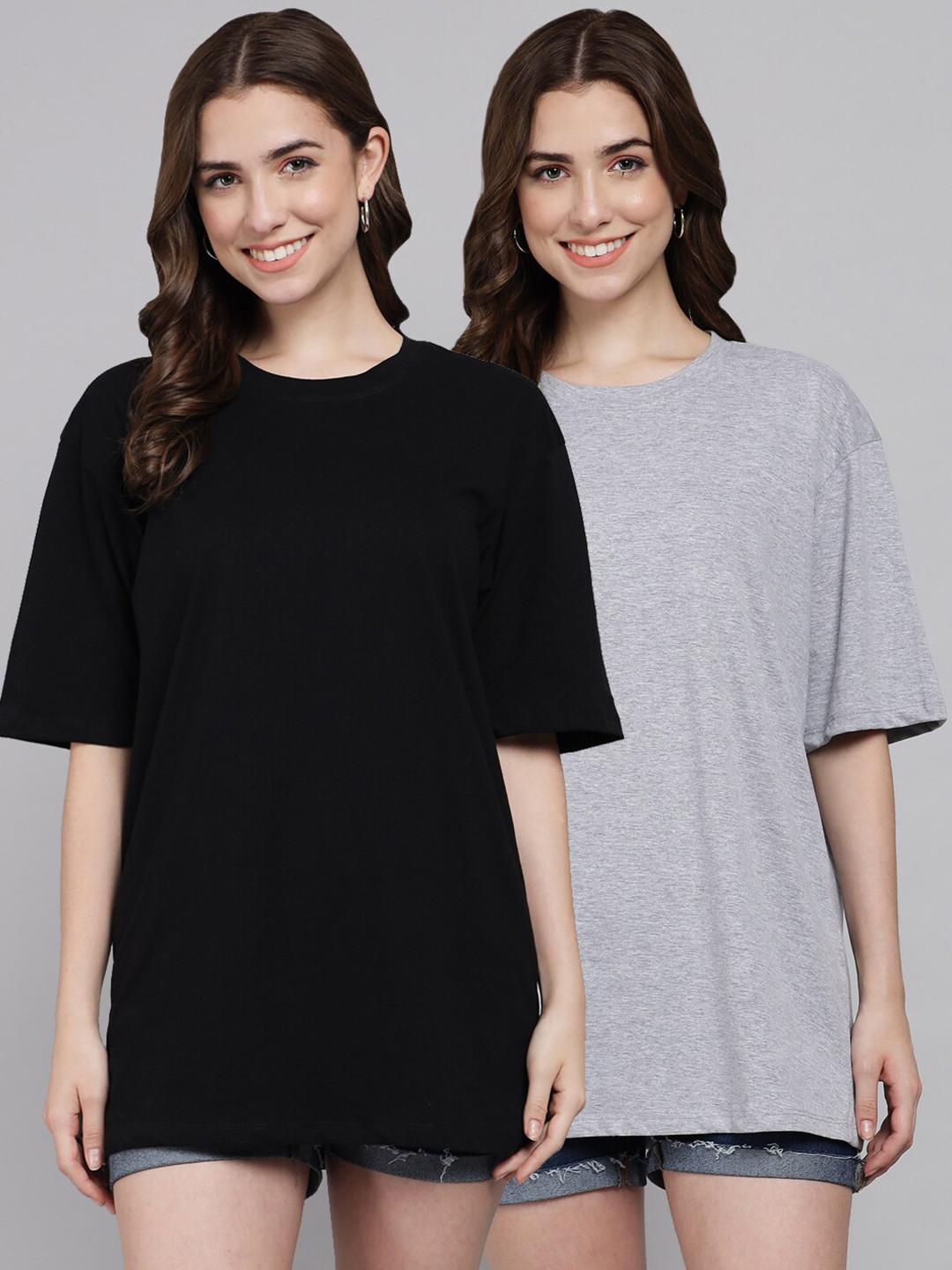 Funday Fashion Pack Of 2 Round Neck Drop-Shoulder Sleeves Oversized Cotton T-Shirt