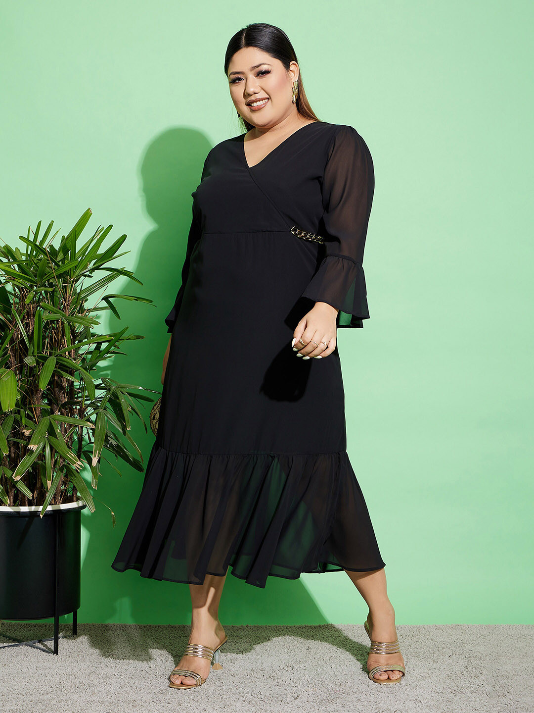 SASSAFRAS Curve Plus Size Bell Sleeves Chain Detail Wrap Dress