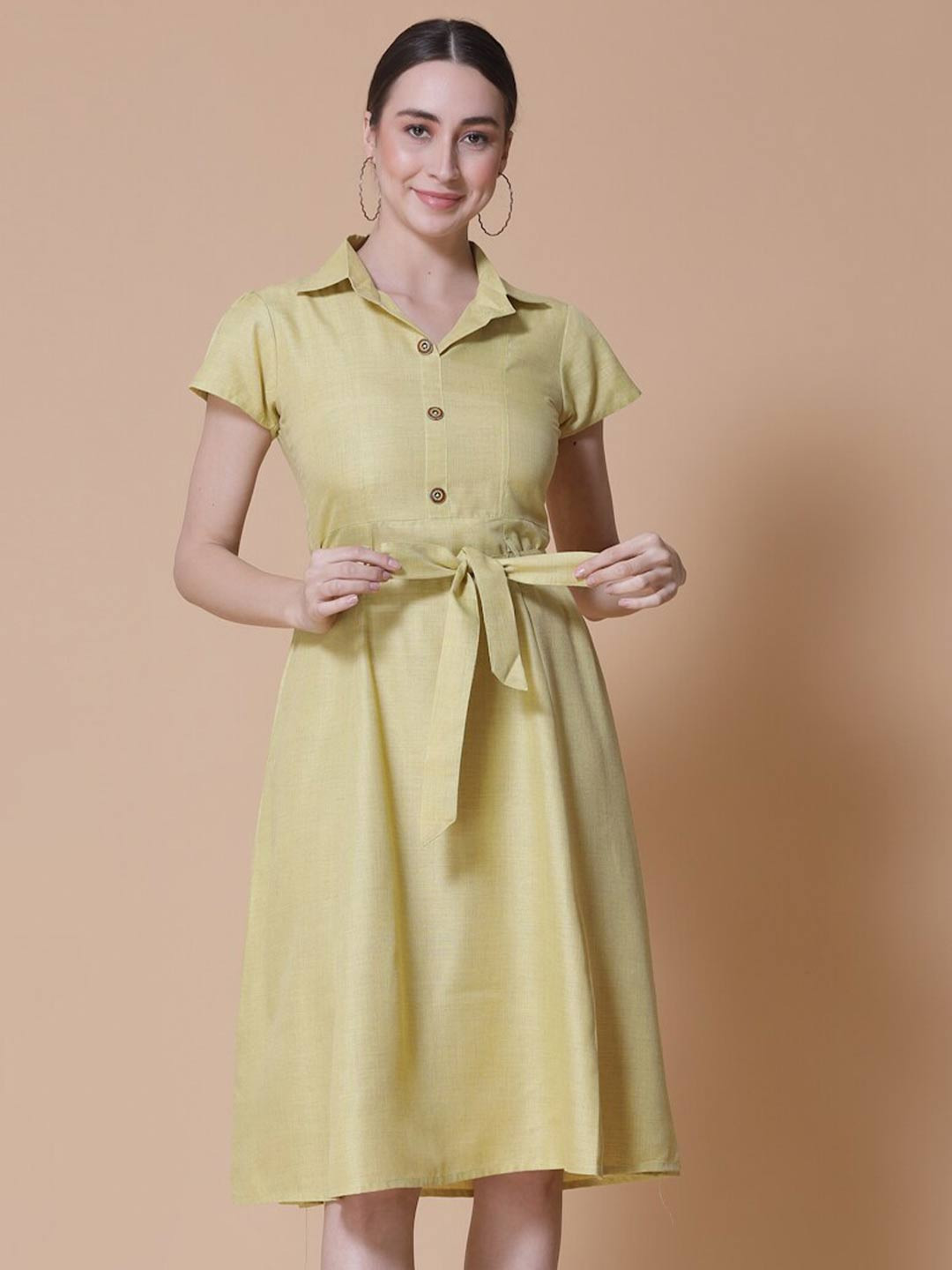 God Bless Short Sleeve Belted Cotton Linen Shirt Dress