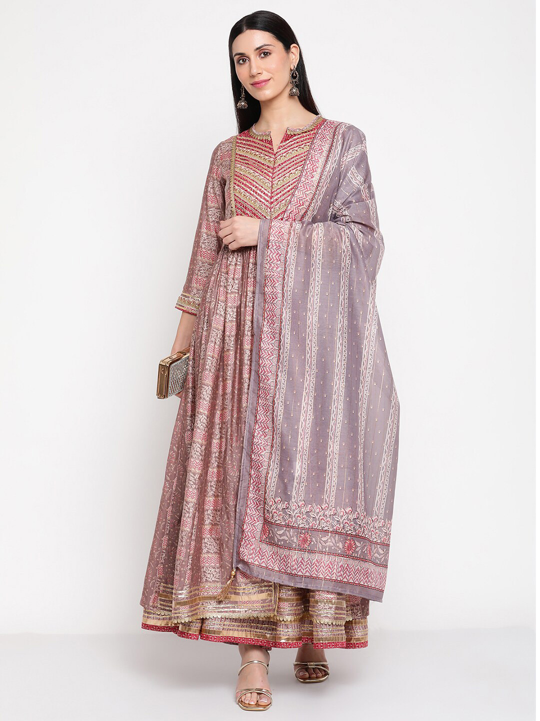 Be Indi Printed Anarkali Chanderi Silk Kurta Set with Sharara & Dupatta