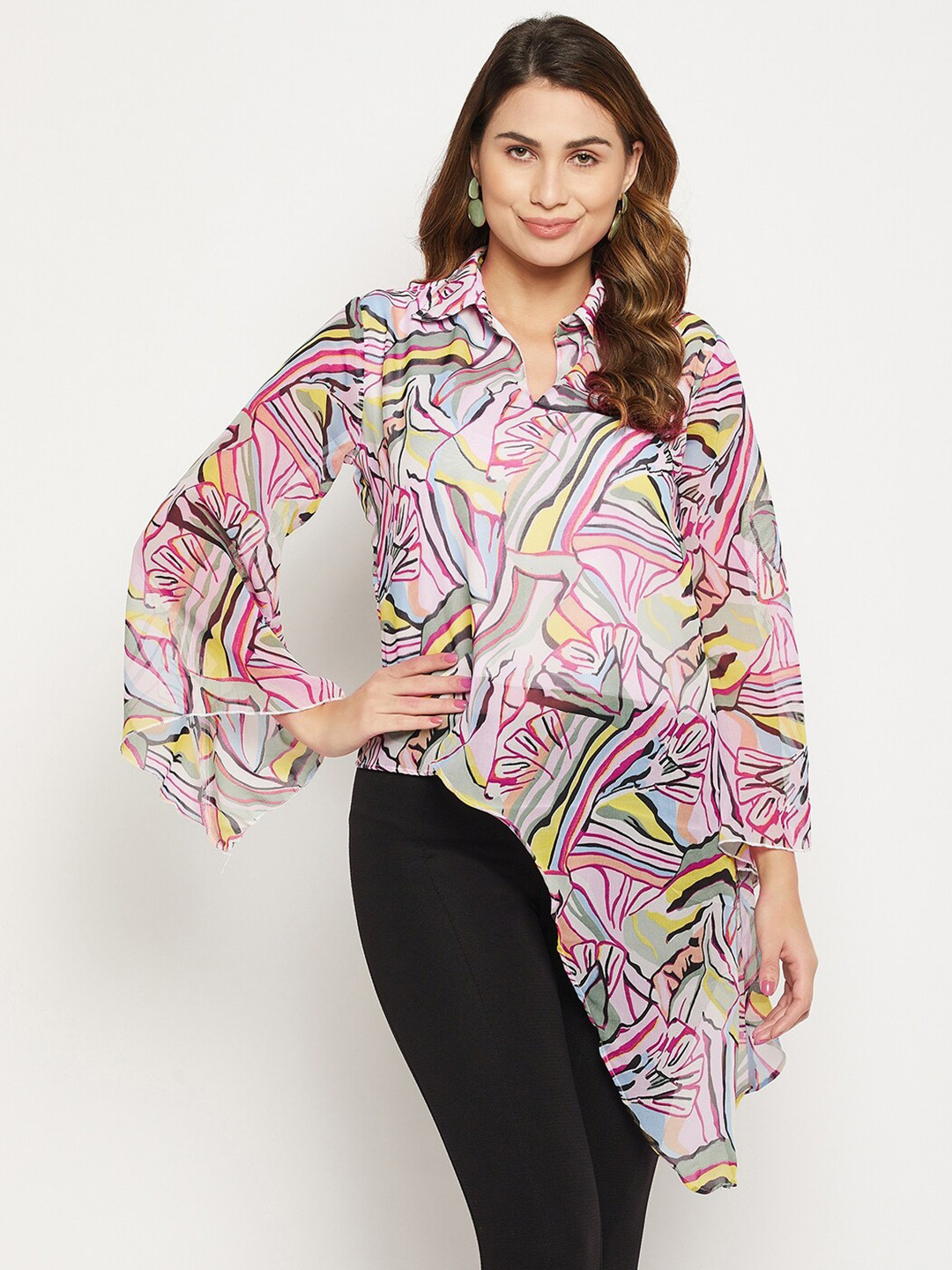 Bitterlime Printed Shirt Collar Long Sleeves Tunic