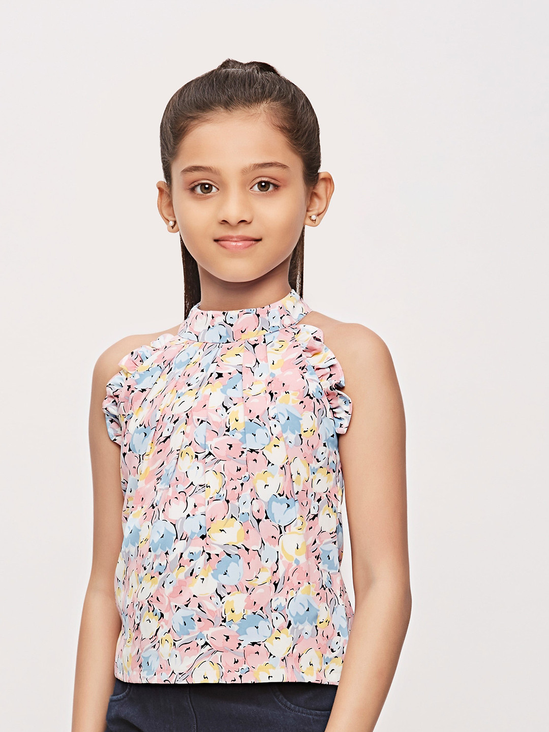 Tiny Girl Pink Print Cold-Shoulder Top