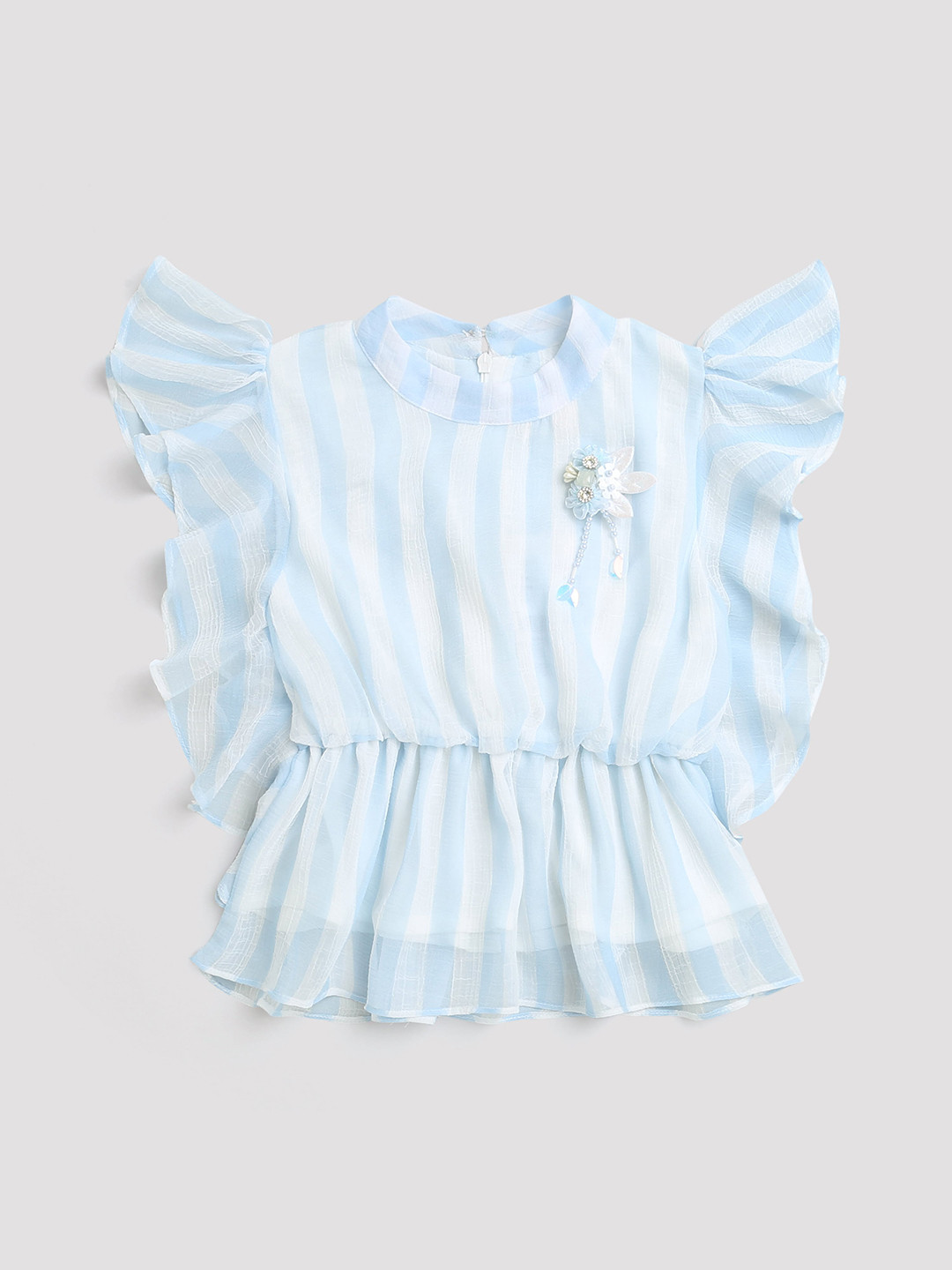 Tiny Girl Blue Striped Flutter Sleeve Cinched Waist Top