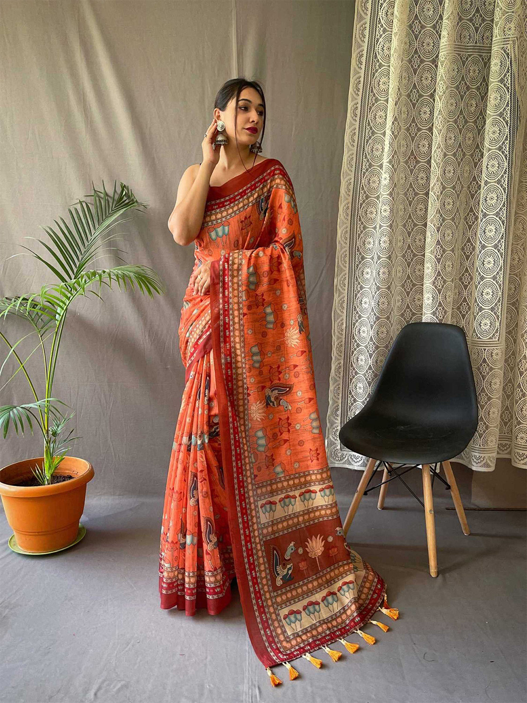 Mitera Cotton Bend Kalamkari Saree With Tassel
