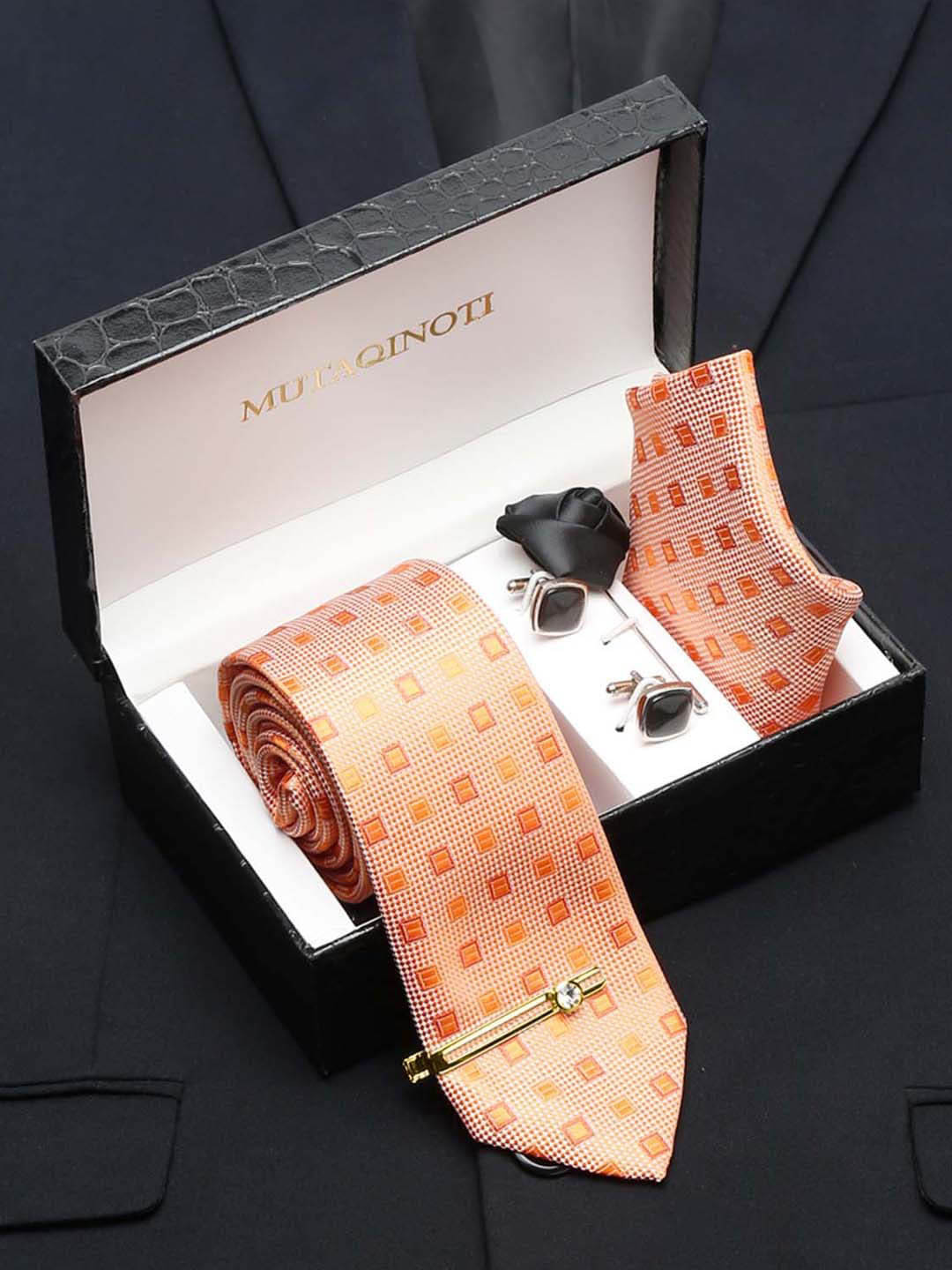 MUTAQINOTI Men Tie Cufflinks Pocket Square & Brooch Accessories Gift Set