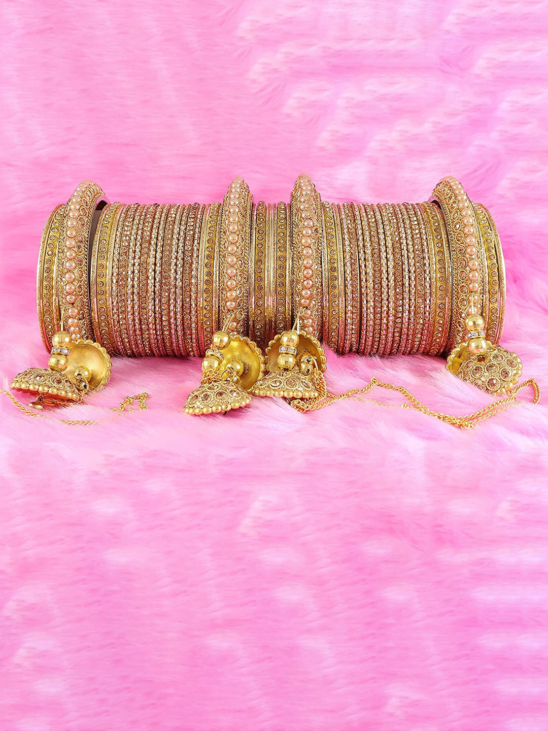 NMII Set Of 52 Gold-Plated Crystal Studded Velvet Bangle With Latkan