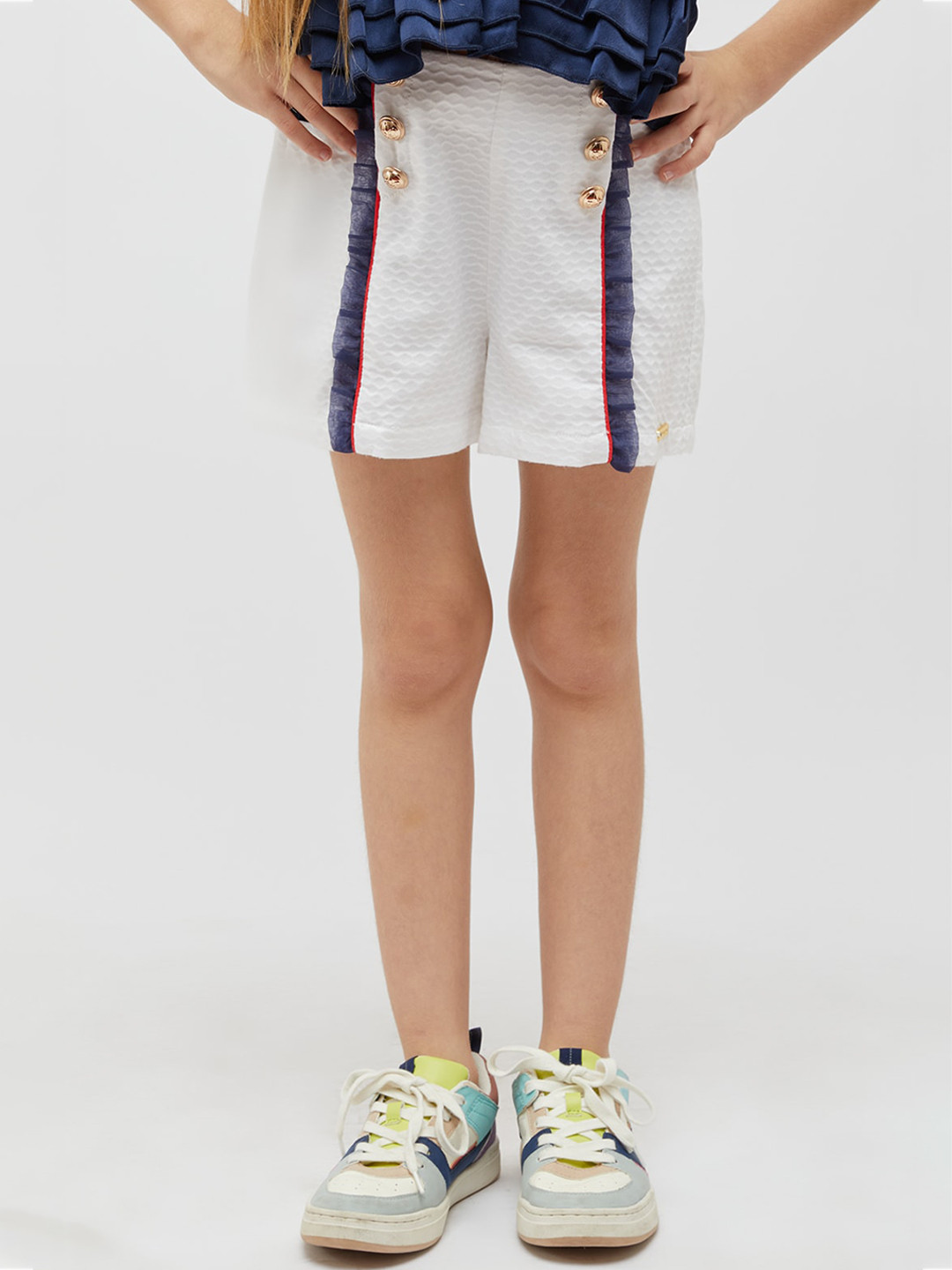 One Friday Girls White Self Designed Mid Rise Shorts