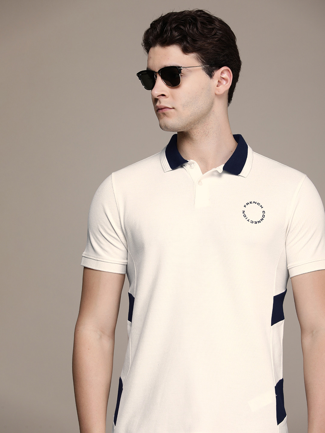 French Connection Striped Detail Polo Collar Pure Cotton T-shirt