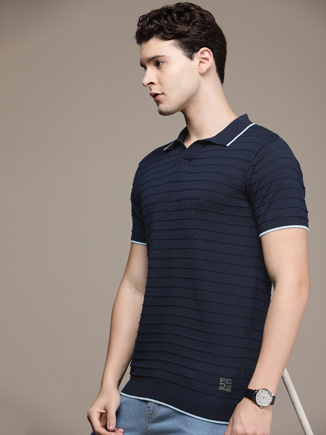 French Connection Self Striped Polo Collar Pure Cotton T-shirt