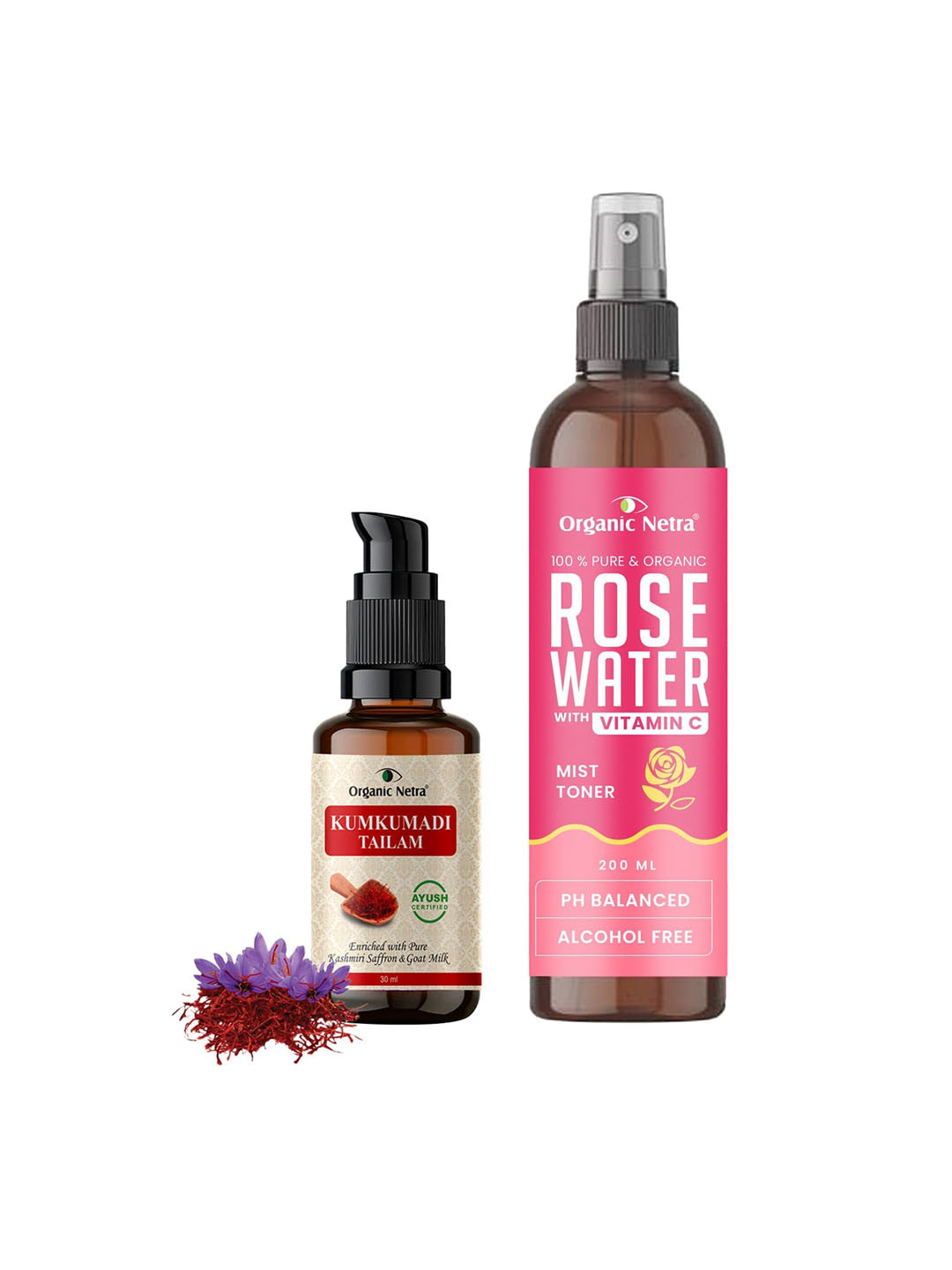 Organic Netra Rose Water with Vitamin C 200ml & Ayurvedic Kumkumadi Tailam 30ml Combo