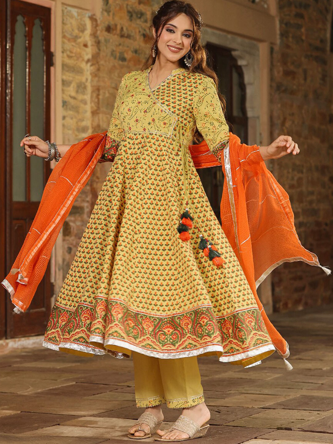 EverBloom Printed Angrakha Mirror Work Pure Cotton Kurta with Trousers & Dupatta