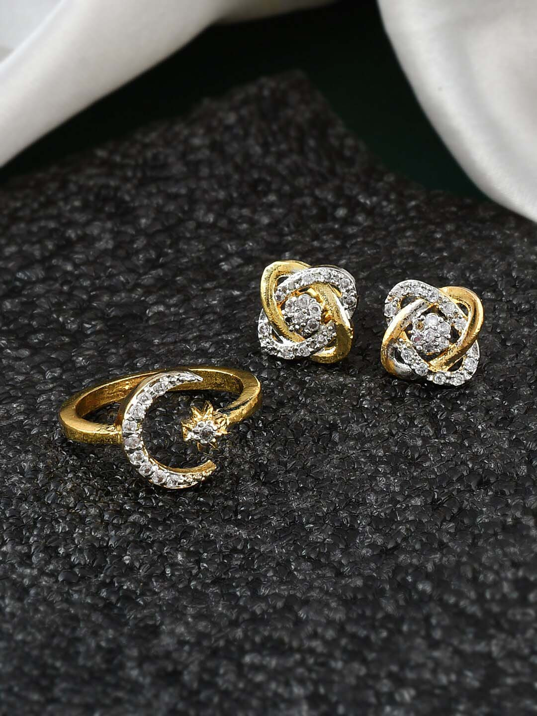Silvermerc Designs Gold-Plated American Diamond Studded Finger Ring With Earrings