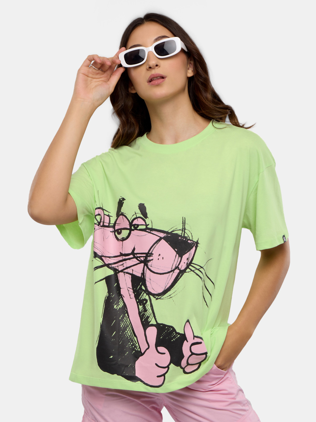 The Souled Store Green Pink Panther Printed Pure Cotton Oversized T-shirt