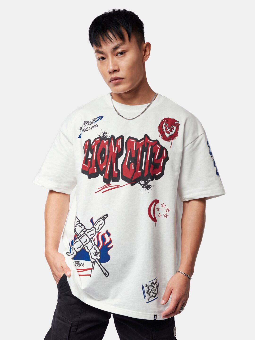 The Souled Store White Typography Pure Cotton Oversized T-shirt