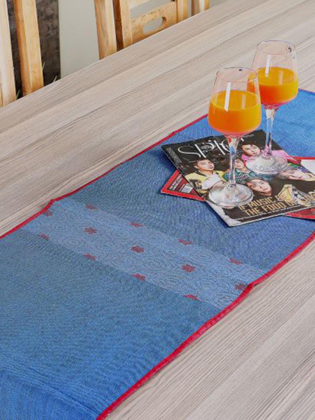 ArtEastri Blue & Red Woven Design Pure Cotton Table Runner