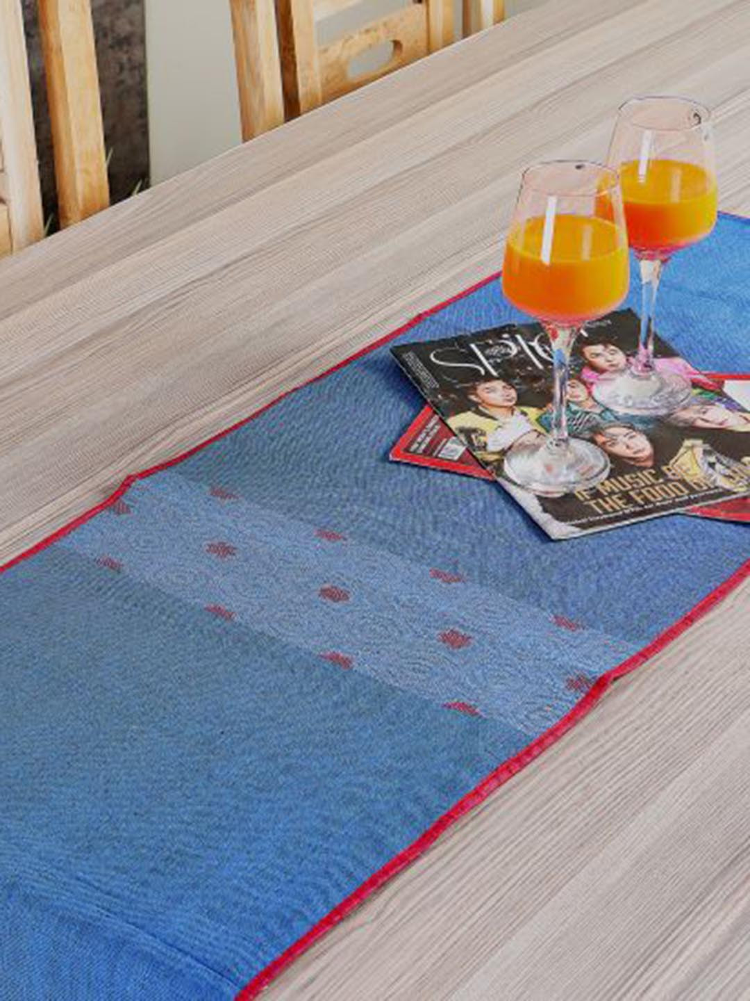 ArtEastri Blue & Red Woven Design Pure Cotton Table Runner