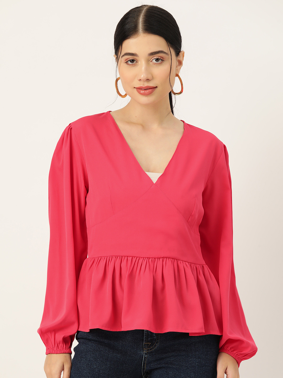 Rue Collection Puff Sleeve Crepe Peplum Top