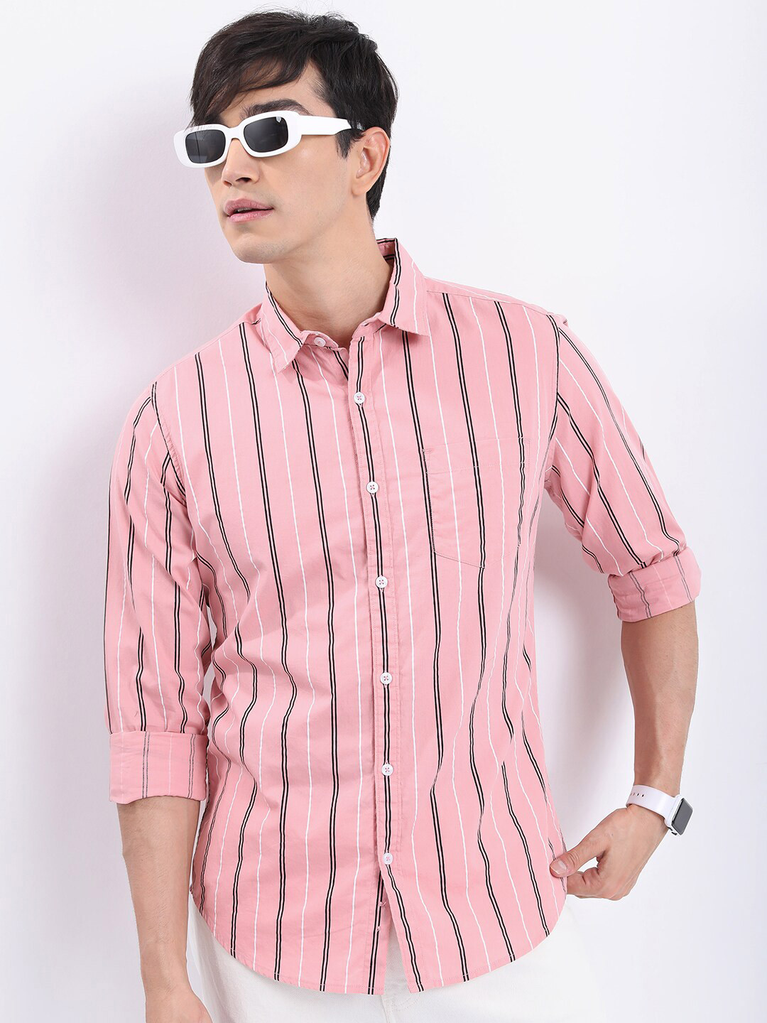 HIGHLANDER Pink & Black Striped Slim Fit Cotton Casual Shirt
