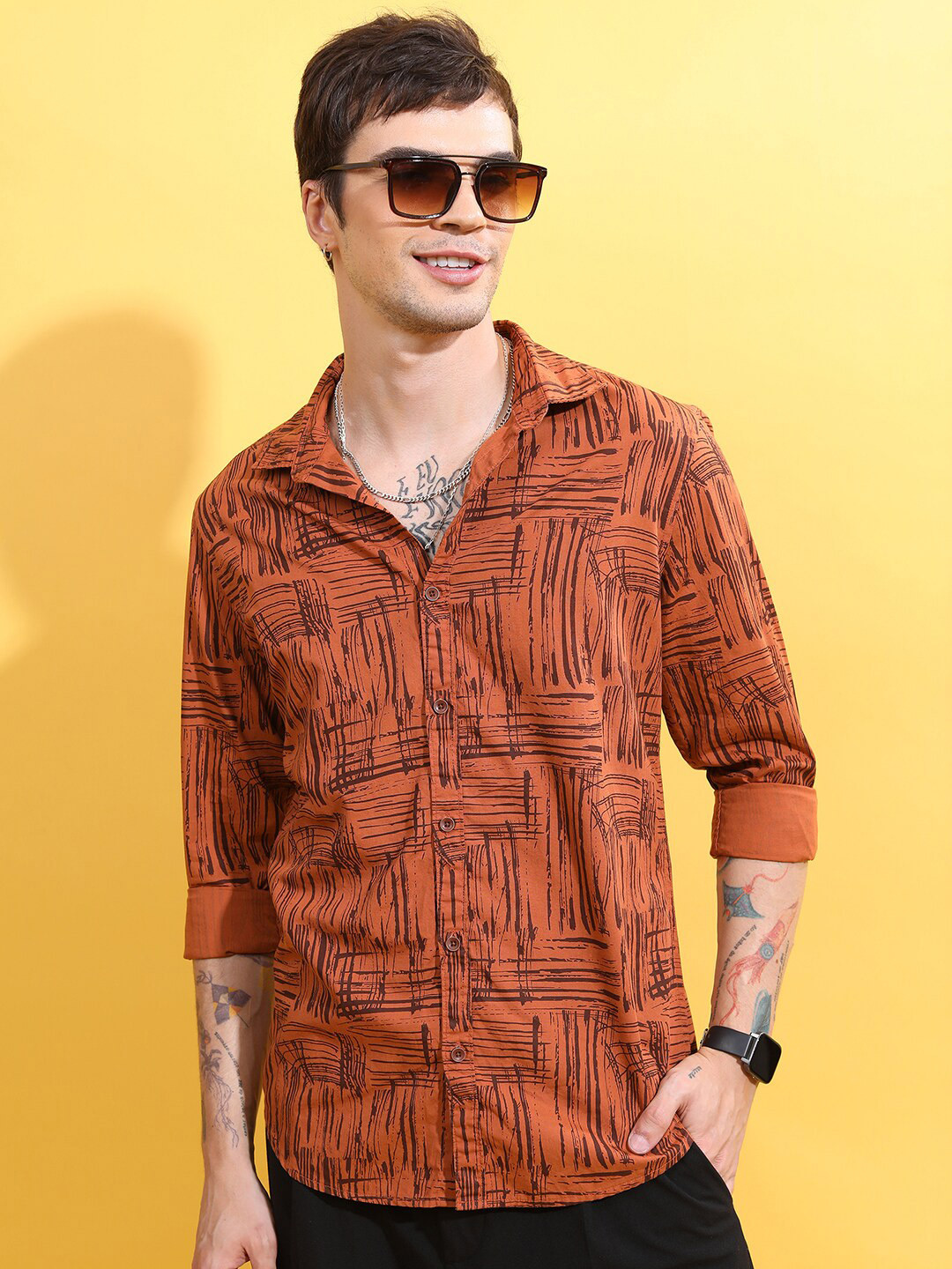 HIGHLANDER Rust Abstract Printed Slim Fit Cotton Casual Shirt