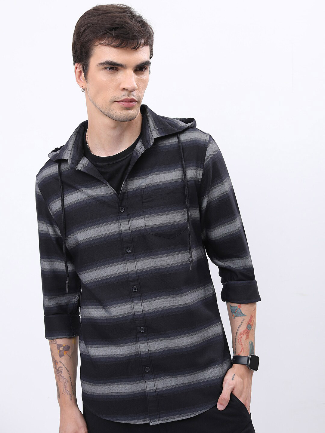 HIGHLANDER Black & White Horizontal Stripes Hooded Slim Fit Casual Shirt