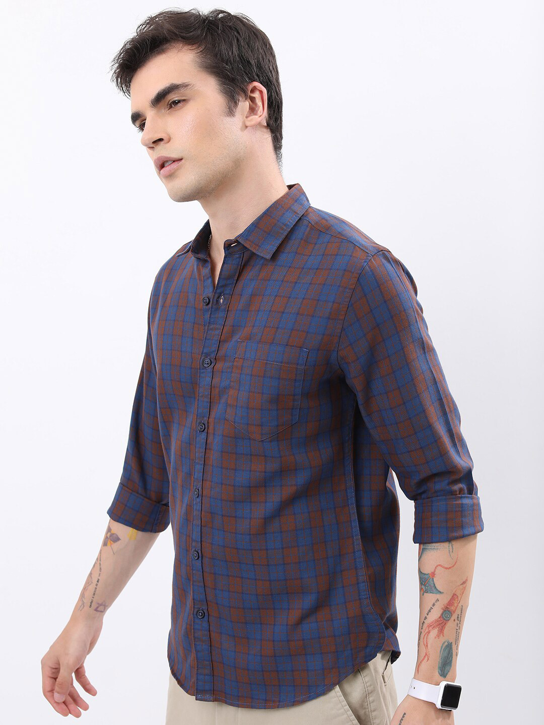 HIGHLANDER Navy Blue Other Checks Slim Fit Cotton Casual Shirt