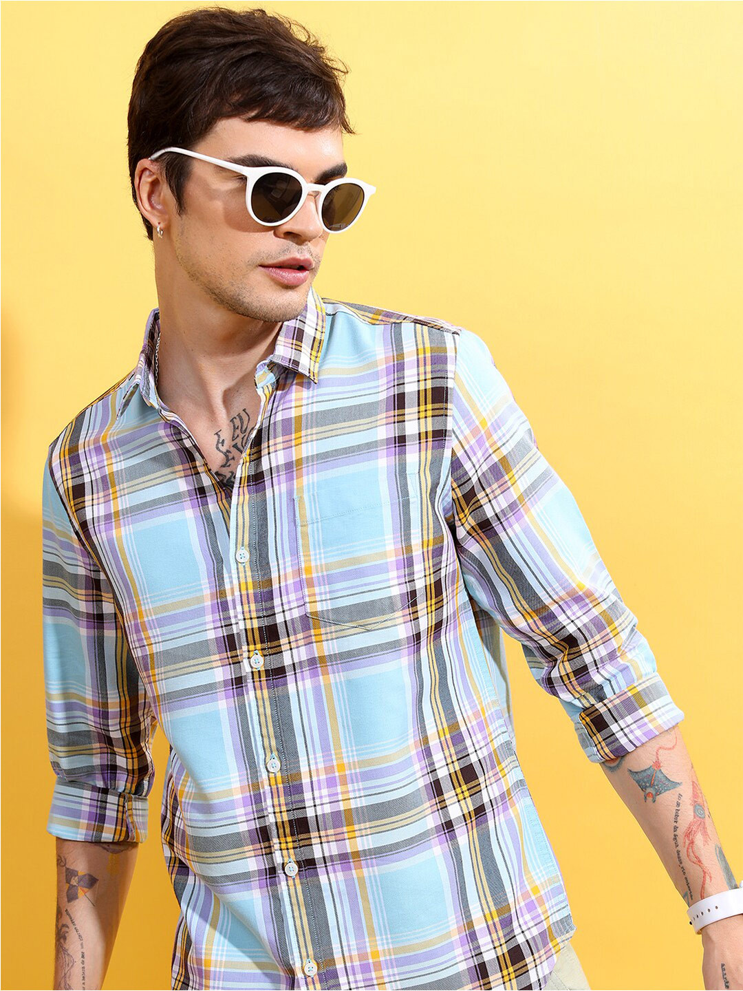 HIGHLANDER Blue & Brown Tartan Checks Slim Fit Casual Shirt