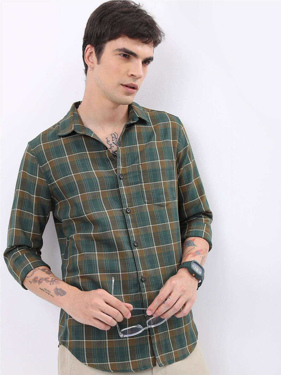 HIGHLANDER Olive Green Tartan Checks Slim Fit Casual Shirt