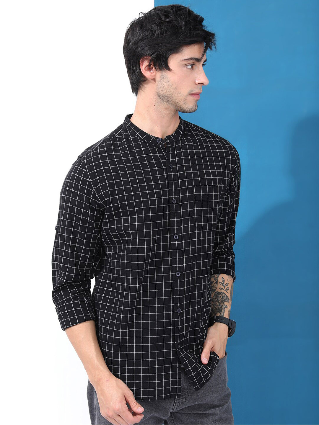 HIGHLANDER Black Grid Tattersall Checks Mandarin Collar Slim Fit Cotton Linen Casual Shirt