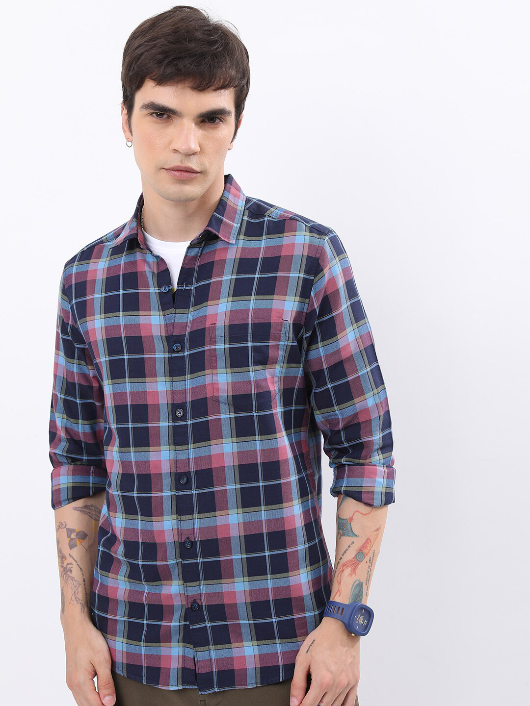 HIGHLANDER Navy Blue & Pink Tartan Checks Slim Fit Casual Shirt