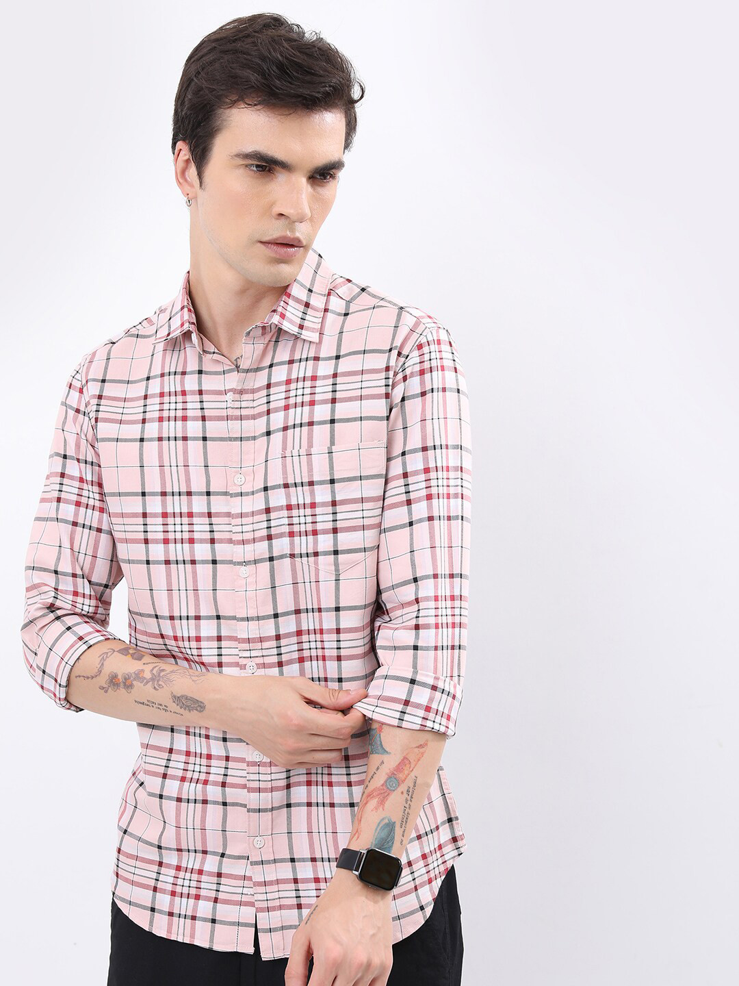 HIGHLANDER Pink Other Checks Slim Fit Casual Shirt