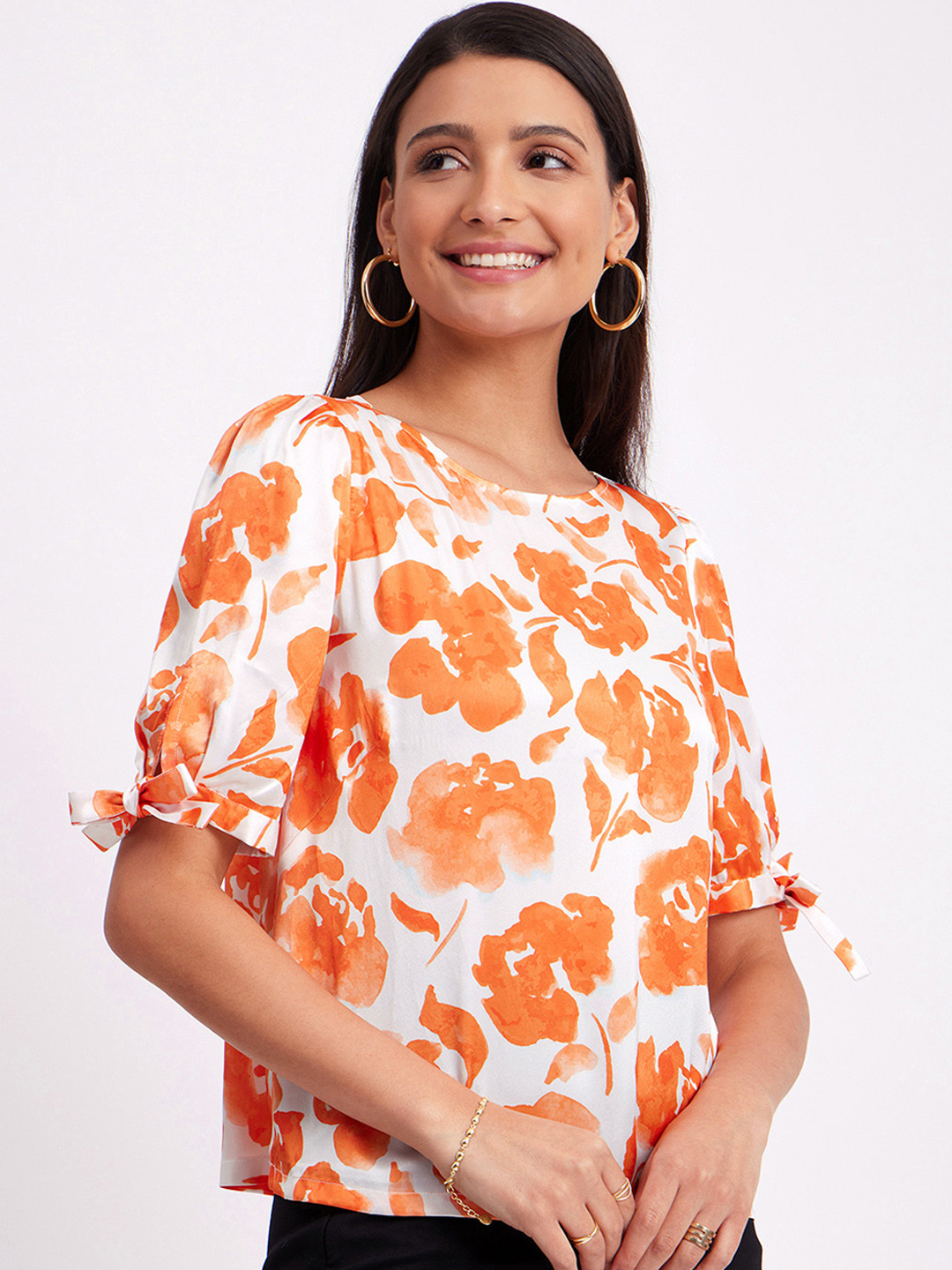 FableStreet Floral Printed Slit Sleeves Satin White Top