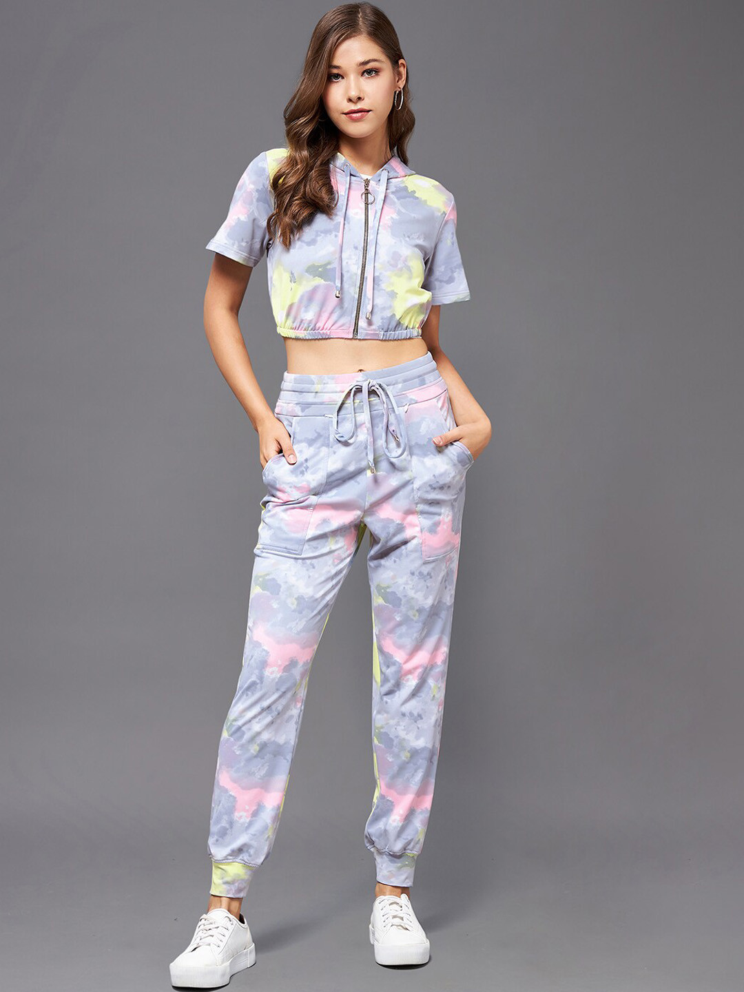 Miss Chase Tie & Dye Printed Hooded Crop Sweatshirt & Joggers Tracksuits