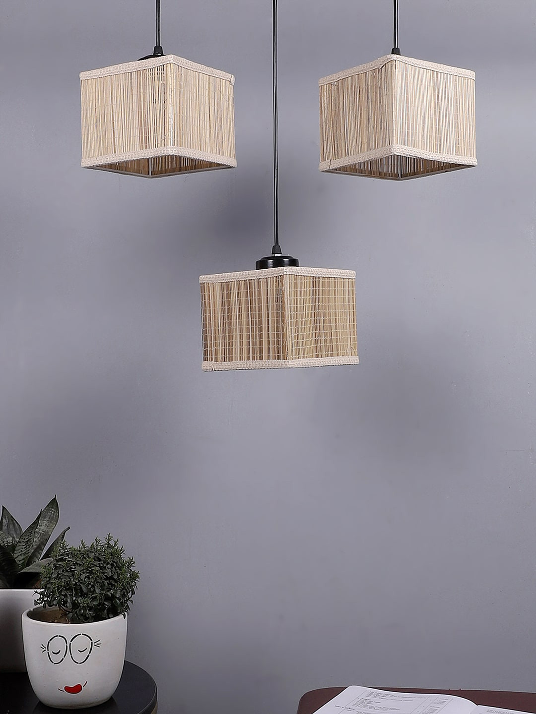 Devansh Beige & Black Bamboo Square Ceiling Lamp