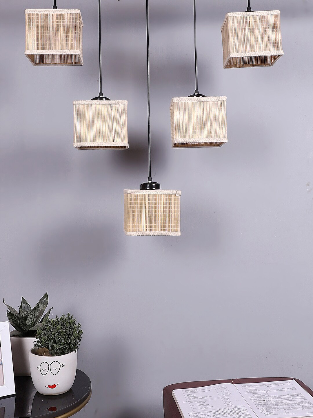 Devansh Beige & Black Bamboo Quintuple Hanging lamp