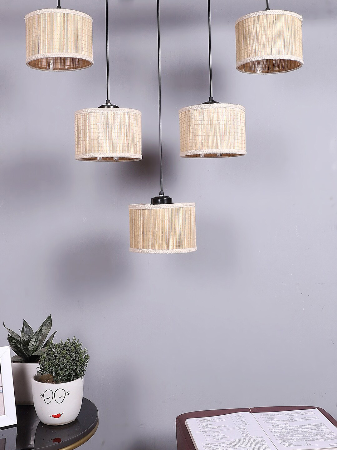 Devansh Beige & Black Textured Round Bamboo Quintuple Hanging lamp