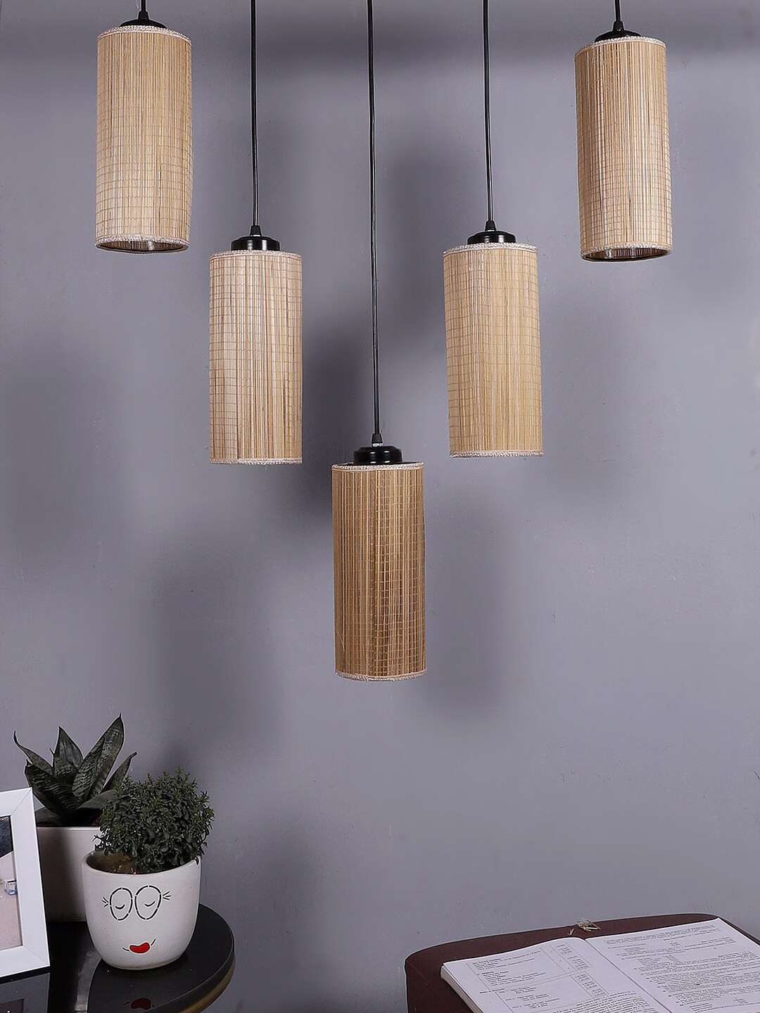 Devansh Beige & Black Textured Round Bamboo Ceiling Lamp