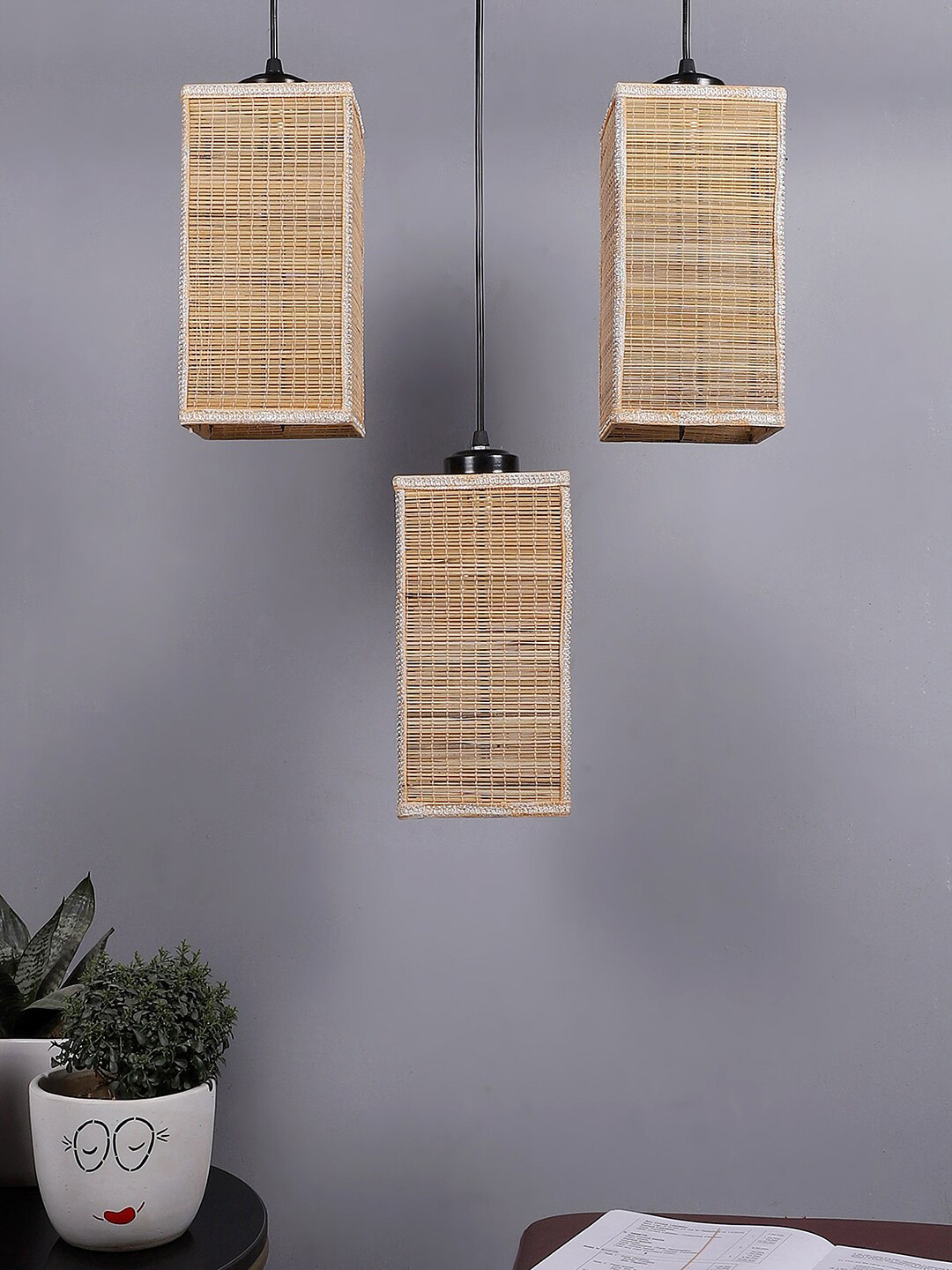 Devansh Beige & Black Textured Bamboo Square Hanging lamp