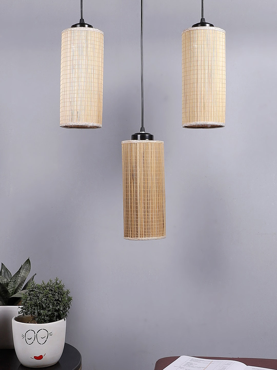 Devansh Beige & Black Textured Round Bamboo Ceiling Lamp