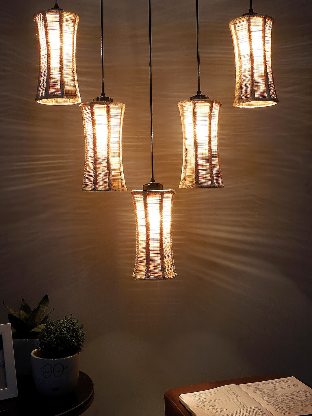 Devansh Beige & Black Textured Band Bamboo Quintuple Ceiling Lamp