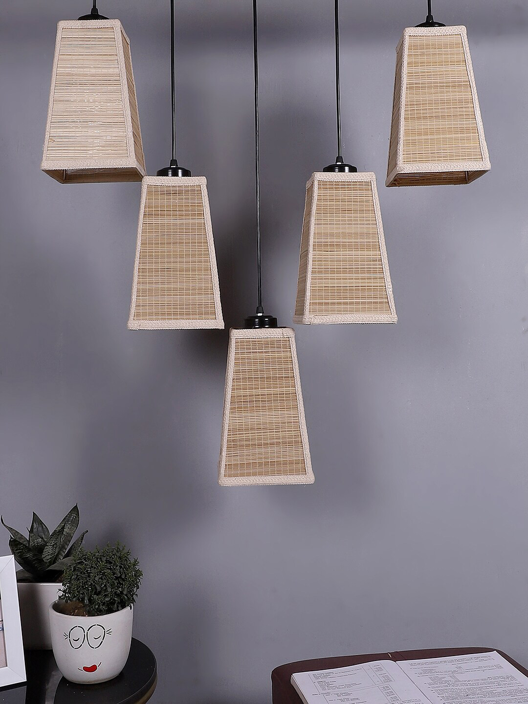 Devansh Beige & Black Textured Pyramid Bamboo Quintuple Hanging lamp