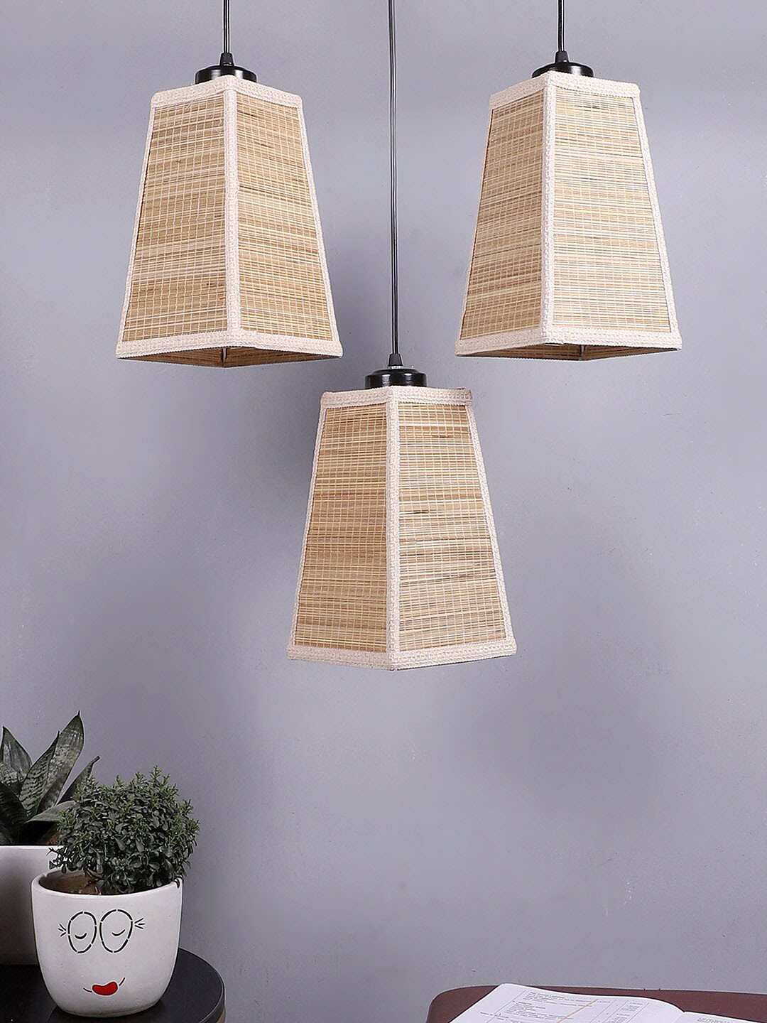 Devansh Beige & Black Textured Pyramid Bamboo Hanging lamp